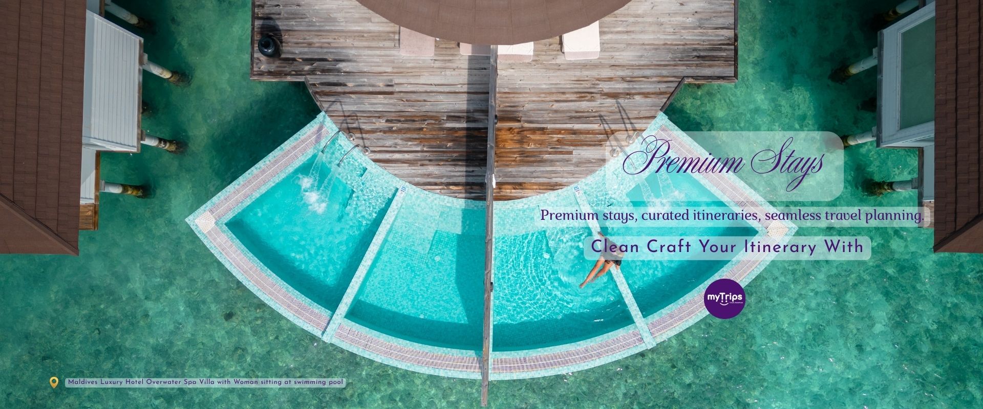 Maldives Luxury Hotel Overwater Spa Villa with Woman sitting at swimming pool