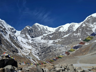 Snow-covered Himalayan peaks near Gangotri in Uttarakhand.