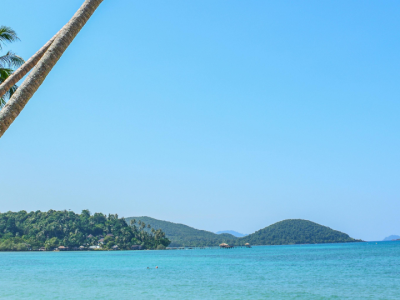 Tropical coastline with coconut palms overlooking turquoise waters and lush green islands