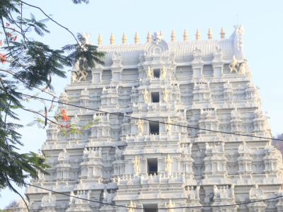 White Dravidian-style temple gopuram in Tirupati with detailed architectural carvings.