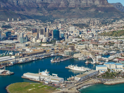Aerial panorama of Cape Town Waterfront with Table Mountain and the harbor.