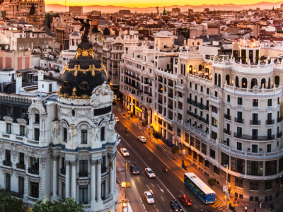 Panoramic view of Madrid skyline featuring historic architecture and Gran Vía during sunset.