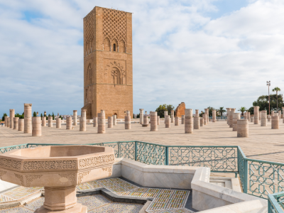 Visit the historic Hassan Tower in Rabat, an iconic 12th-century landmark surrounded by impressive ruins and elegant Moroccan architecture.